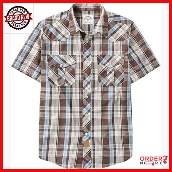 Men's Short Sleeve Plaid Pearl Snap Button Down Shirt Regular Fit